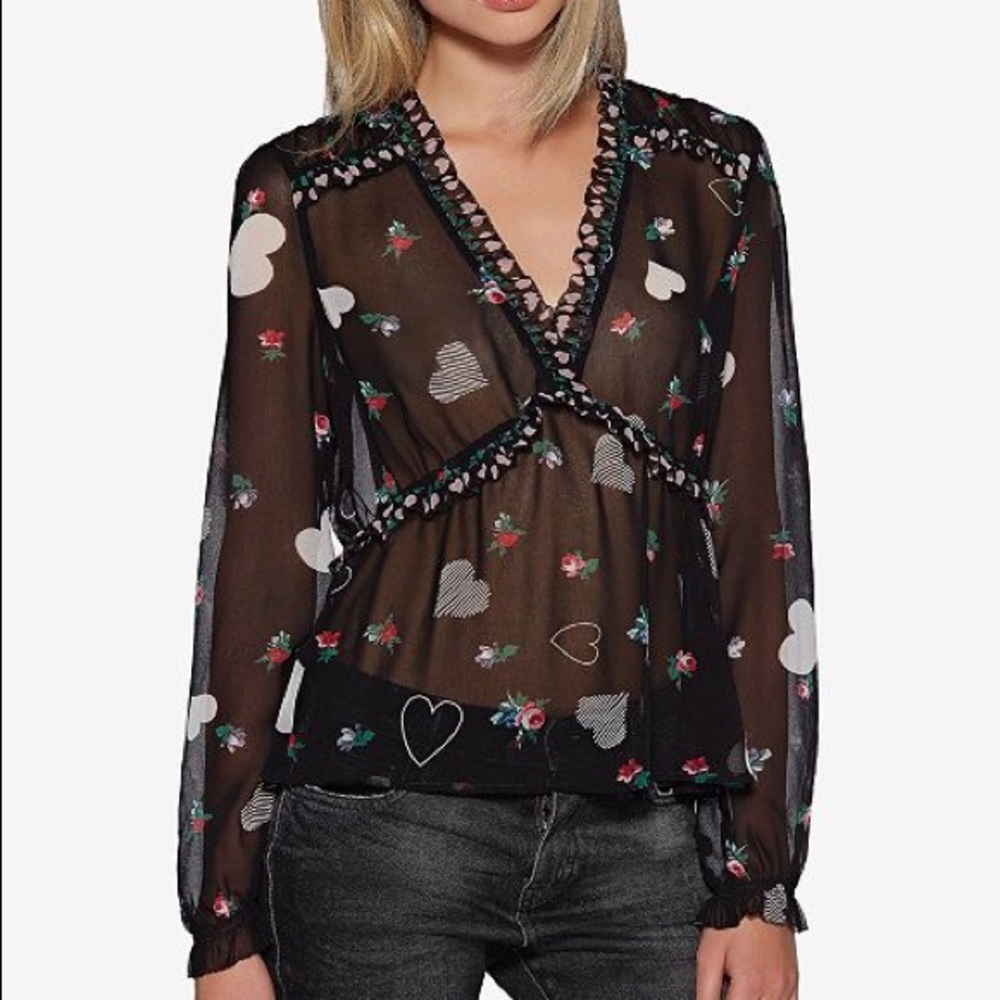 AVEC LES FILLES Sheer Heart Print Ruffle Blouse